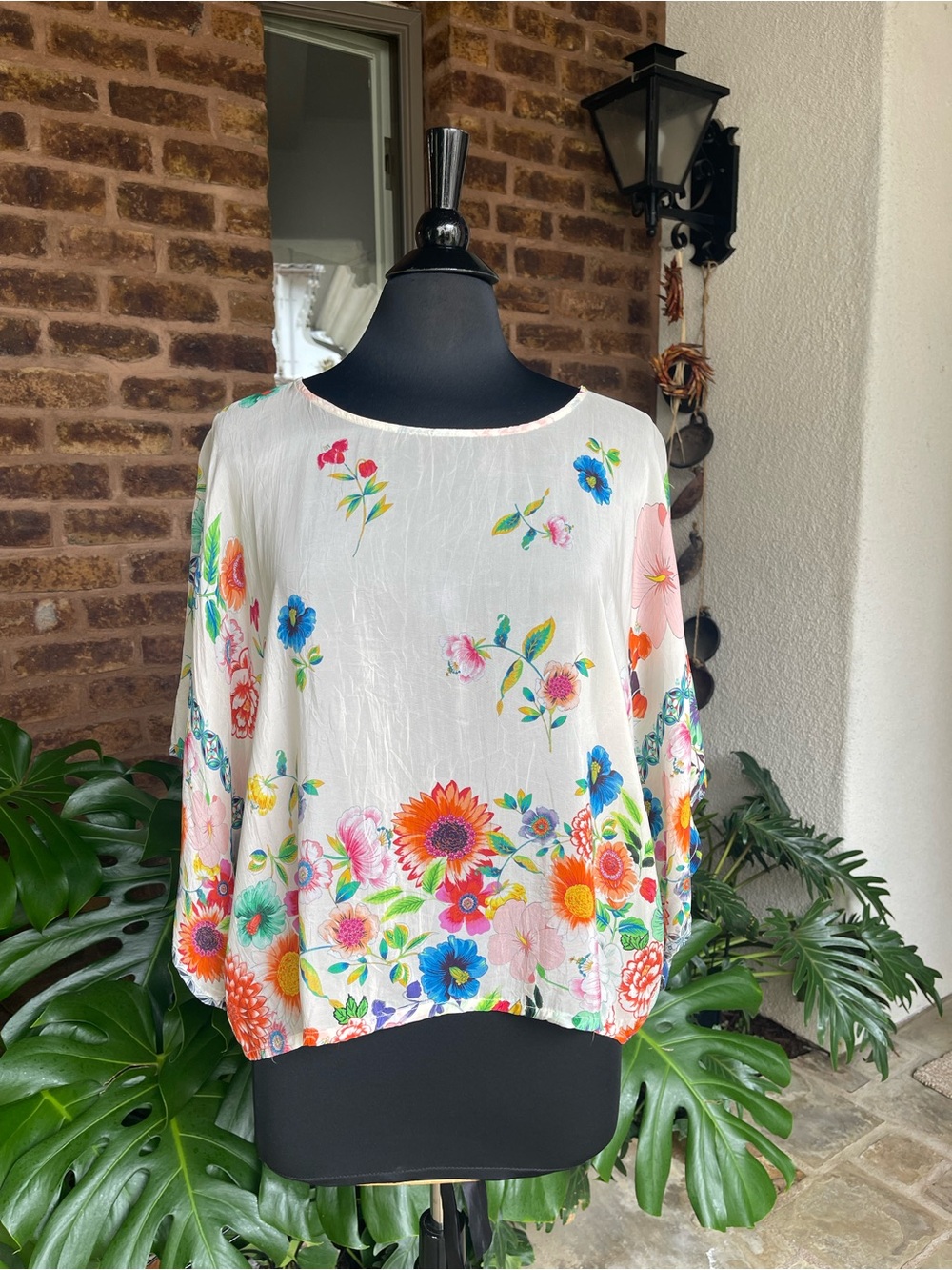 Johnny Was Cream Floral Scoop-Neck Blouse with Multicolor Blooms